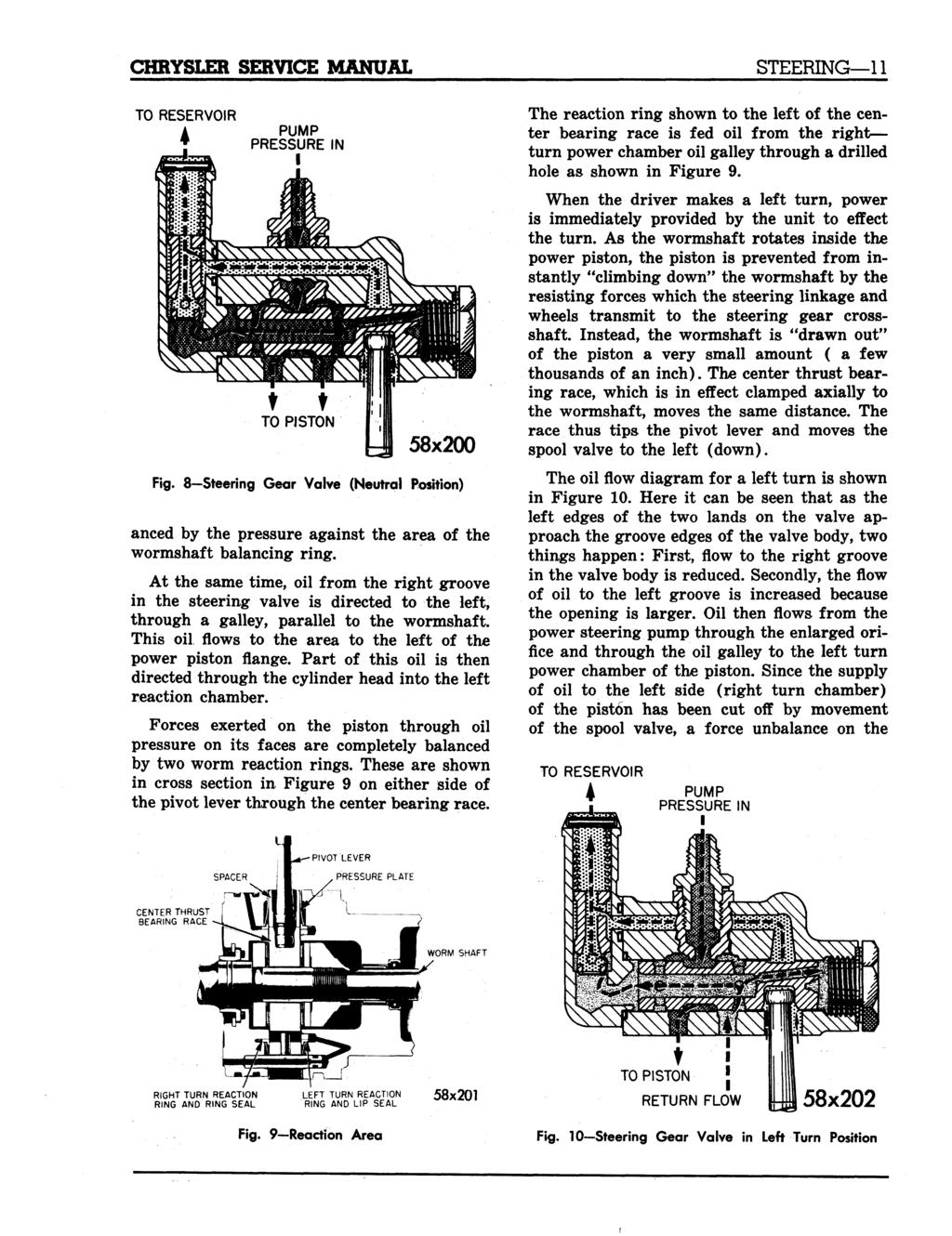 CHRYSLER SERVICE MANUAL TO RESERVOIR 4 PUMP PRESSURE IN 58x200 Fig. 8-Steering Gear Valve (Neutral Position) anced by the pressure against the area of the wormshaft balancing ring.