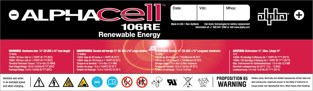 AlphaCell RE Label Configuration 20Hr and 100Hr Ratings Outback Power Color