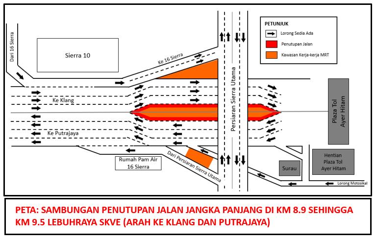 There will be a long-term lane closure at KM8.9 to KM9.5, SKVE Highway (Klang and Putrajaya Bound) from 30 April 2018 20 May 2018. Duration of works will be from 9.00am-5.00pm and 10.00pm-4.