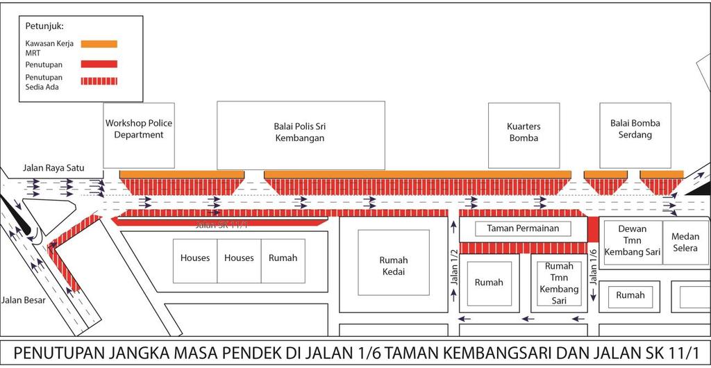 Penutupan di Jalan SK 11/1 - Penutupan separuh lorong di Jalan SK 11/1. Satu lorong akan dikekalkan kepada pengguna jalan raya.