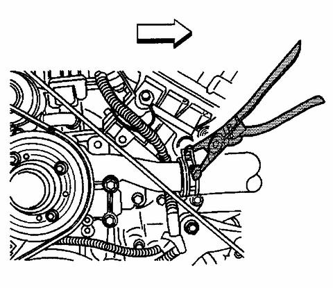 41. Remove the right lower engine to transaxle mounting bolt (1). 42. Drain the cooling system. 43. Lower the vehicle. 44.