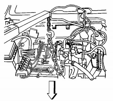 46. Remove the heater hoses from the drive belt tensioner fittings. 47. Using a block of wood between a floor jack and the transaxle, support the transaxle at the pan. 48.