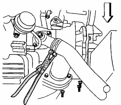 10. Position the J 38185 to the clamp in order to connect the radiator outlet hose to the thermostat housing. 11.