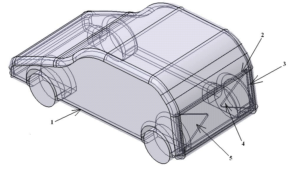 Fig.1. A small end car with collapsible wind friction reduction attachments at the rear portion in open condition. Parts of Fig.1.Small end car body, 2.Rear end door in open condition, 3.