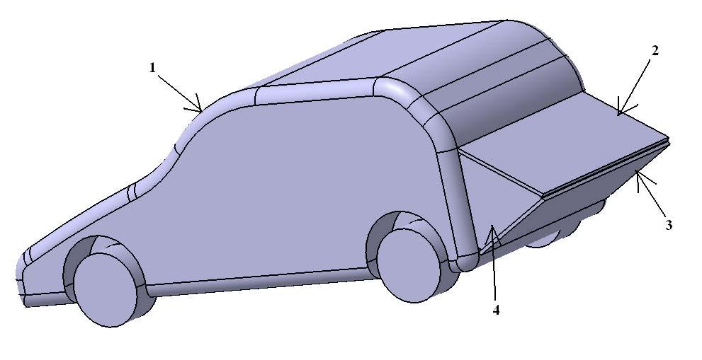 A small end car with collapsible wind friction reduction attachments at the rear portion in closed condition.(body made transparent to visualize the attachments in closed condition.) Parts of the Fig.