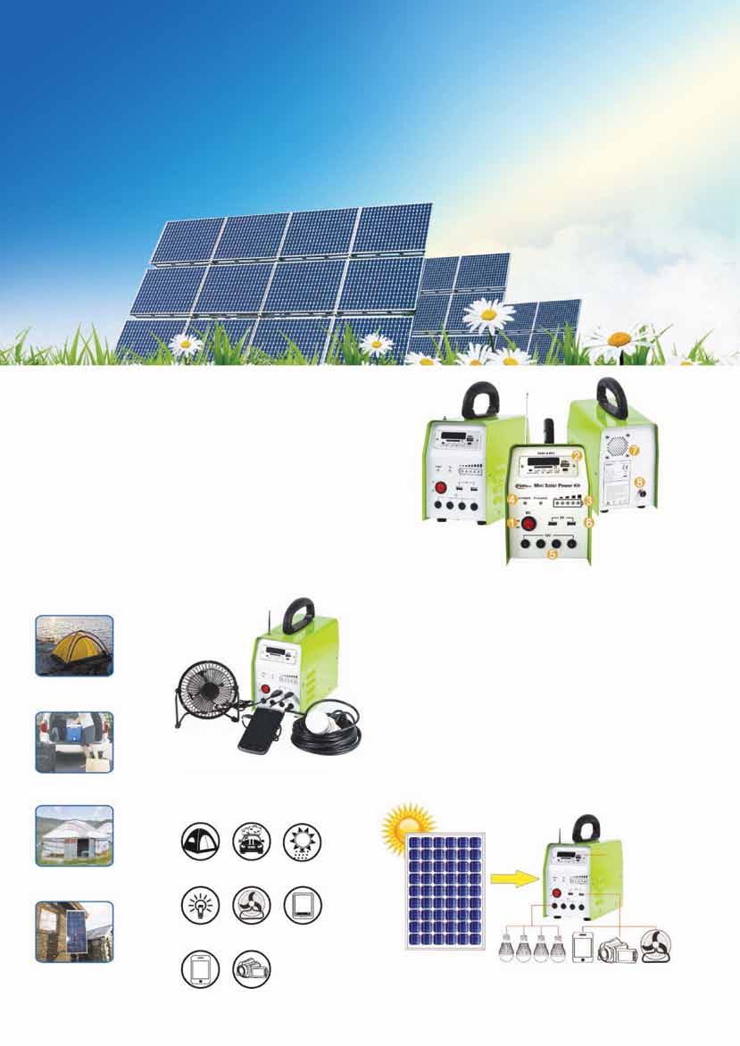 INNOVATIVE - SOLAR POWER PACKS PORTABLE PV SYSTEM DC Power Built-in charge controller & Battery Metal cover, small size & light weight Large arc shaped handle, easy to carry Battery power display