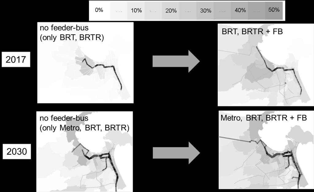 Next, to examine the findings in more detail, we illustrate how the introduction of feeder buses affects the modal split of public transport by zone (Figure 4.12).