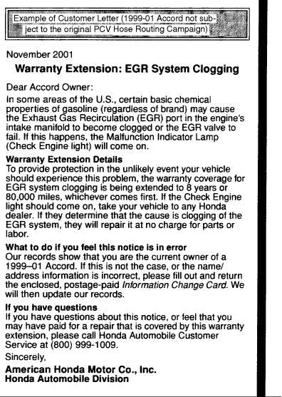 ALLDATA Online - 1999 Honda Accord EX Sedan V6-3.0L - Recall - DTC P0401 EGR...Page 3 of 11 Examples of the customer notifications are at the end of this service bulletin.