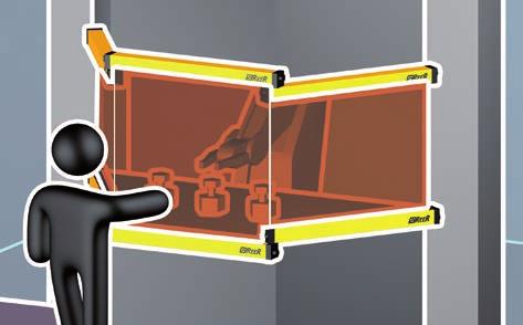The application shown is one of the most common: horizontal curtains are used to prevent the operator from being undetected in the space between vertical light curtain and dangerous machine,