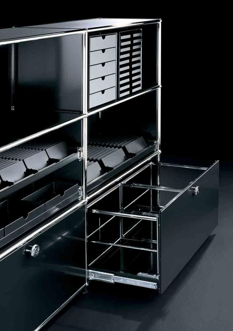 USM Haller Accessories 1 USM Inos organizing drawer set Available in graphite black or light gray. Freestanding or inserted on an extension shelf or in drawers.
