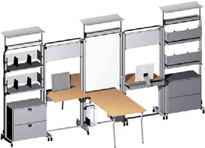 height-adjustable desks, folding tables, storage and presentation accessories, privacy
