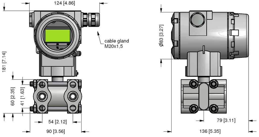 Pin configuration Supply + (V s +) Supply / Test (V s ) Test + Ground Dimensions (mm / in) DPT 00 with display DPT 00 without display cable gland M0x.