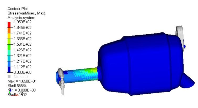 721e-3 Tonne Yield Stress 350 N/mm2 Ultimate Strength 450 N/mm2 The Figure 2.4 shows the meshed model of Exhaust Muffler. Meshing is done using Altair Hyperworksv10 pre-processor.