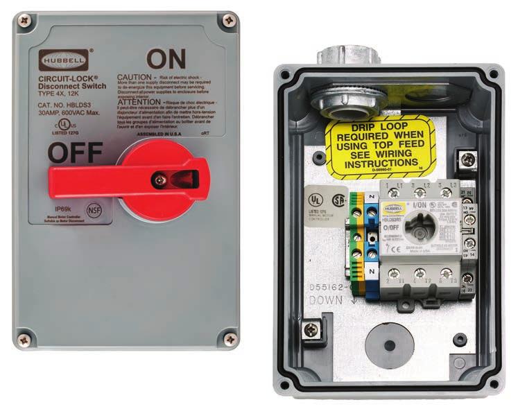 The switch is mounted on an internal frame that is integral with the enclosure and bonds all grounds, and it accepts auxiliary contacts that can be used to signal PLC controllers.