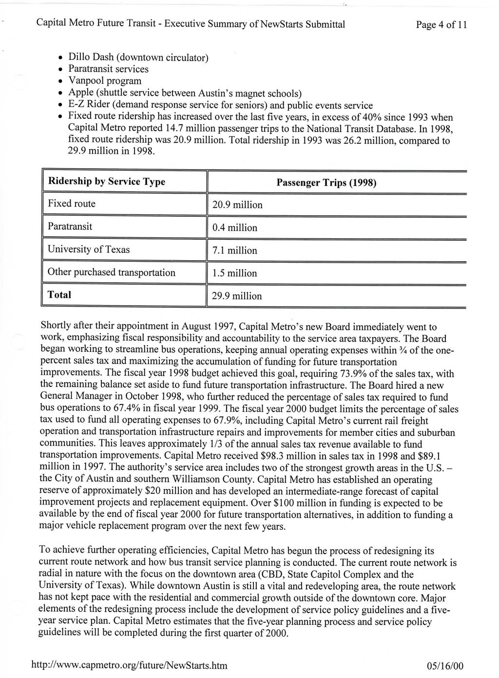 Capital Metro Future Transit - Executive Summary of NewStarts Submittal Page 4 of 11 Dillo Dash (downtown circulator) Paratransit services Vanpool program Apple (shuttle service between Austin's