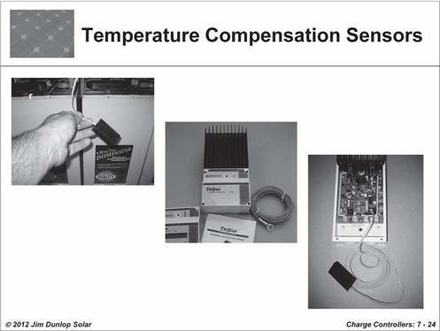 Temperature compensation sensors are used to monitor battery temperature remotely from a charge controller.