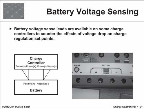 Voltage drop in the circuit from a charge controller to a battery can result in charge regulation occurring at lower battery voltages than the controller set points.