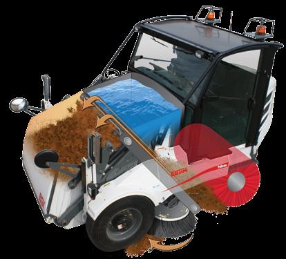 SUPERIOR MECHANICAL SWEEPER DESIGN CORROSION-RESISTANT WATER SYSTEM A corrosion-resistant polyethylene water tank supplies the dust suppression system with 220 gallons (833 L) of water.