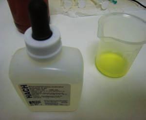 Step 4. Introduce 4-5 drops of phenolphaleine indicator with the eye-dropper Swirl the beaker to dissolve everything. A yellow, murky colour will form.