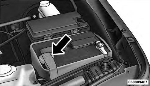 Positive Battery Post WHAT TO DO IN EMERGENCIES 391 WARNING! Take care to avoid the radiator cooling fan whenever the hood is raised. It can start anytime the ignition switch is on.