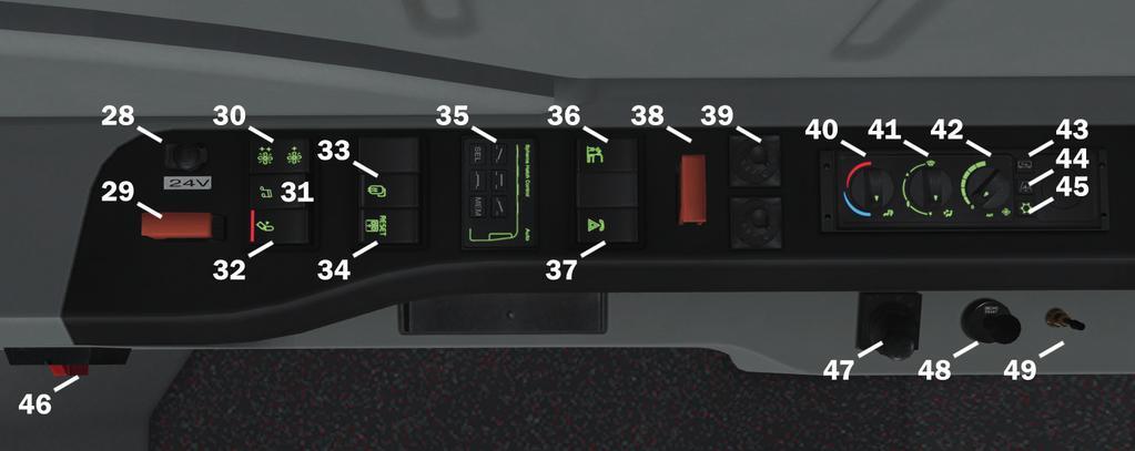 17 Switch change display page 18 Switch vehicle menu (no functionality) 19 Switch lock doors 20 Switch cut-out external door emergency buttons 21 Gear selector 22 Switch kneeling 23 Switch stroller