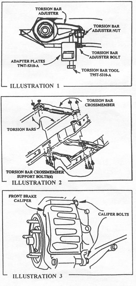2) Install Torsion Bar tool (T95T-5310-A) with Adapter Plates (T96T-5310-A) (Illustration 1). Tighten torsion bar tool until it touches torsion bar adjuster.