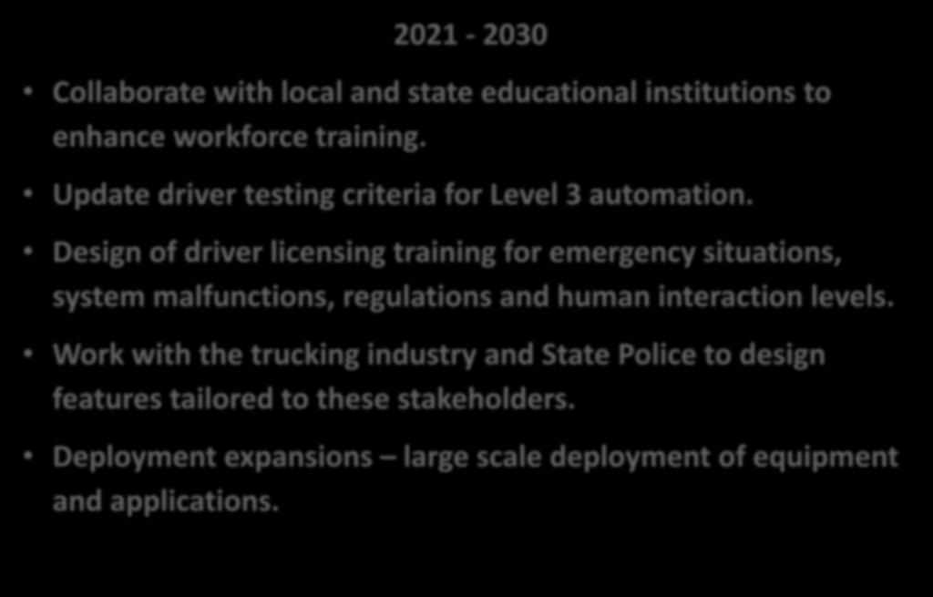 Proposed PennDOT Actions 2021-2030 Collaborate with local and state educational institutions to enhance workforce training. Update driver testing criteria for Level 3 automation.