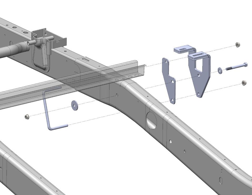 Install the rear base rail and hardware on both driver and passenger sides of the vehicle as illustrated here (right) and on the Mounting Kit Exploded View drawing.