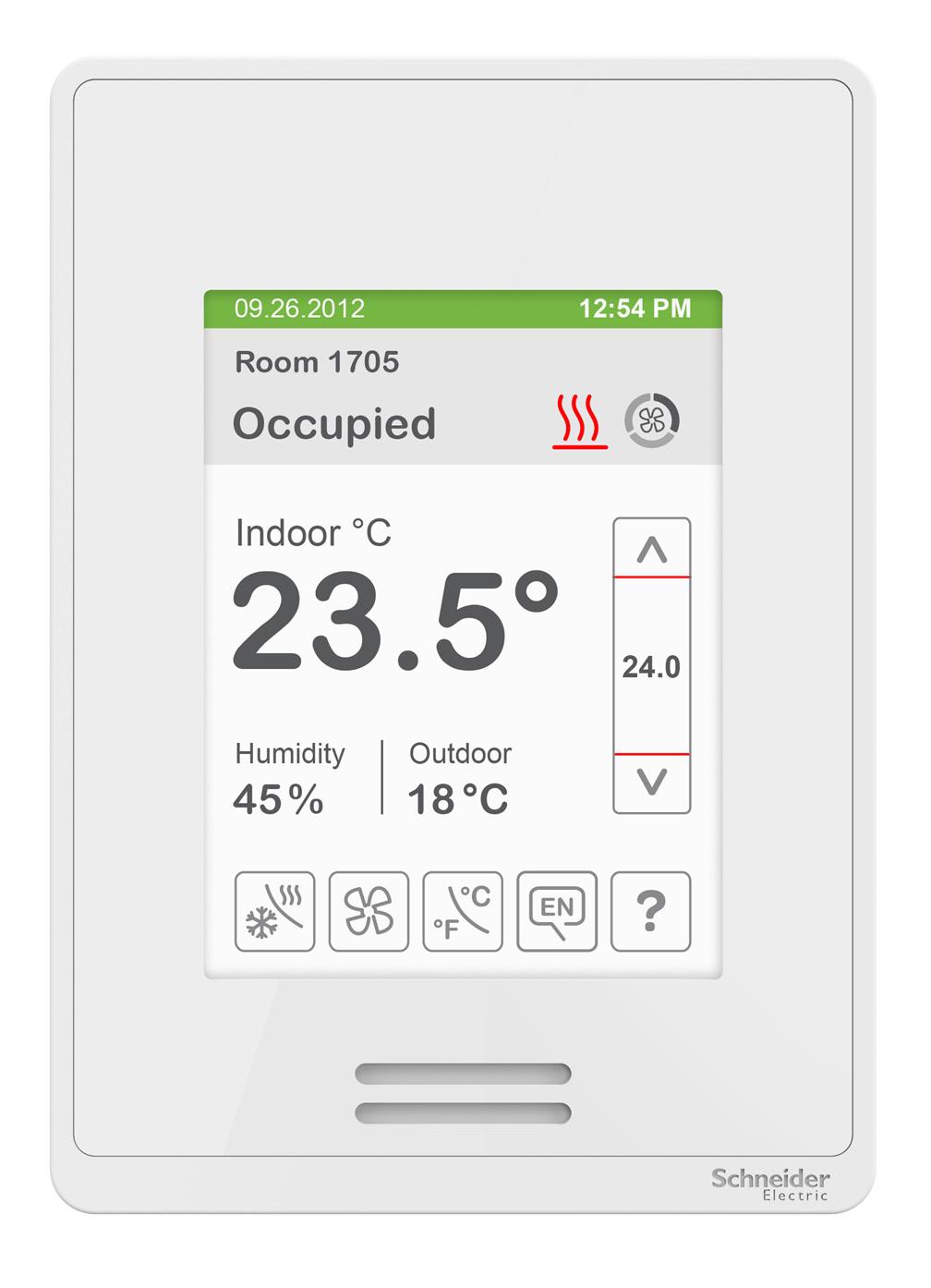 11 HOME SCREEN DISPLAY Hospitality User Interface Shown Date Short Network Message Occupancy Status Time System Status Fan Status Room Indoor Temperature Room Indoor Humidity Outdoor Temperature Up