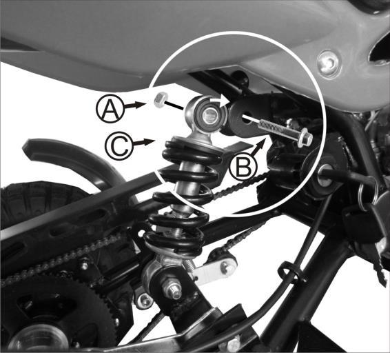 ASSEMBLY REAR SHOCKER A: Nut M8 1pcs B: Bolt M8 40 1pcs C: Rear shock 1. Uplift the frame to align the shock (C) mounting hole to the shackle joint hole. 2.