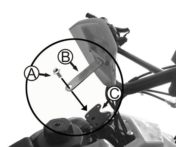 Install the 2pcs bolt (A) into the bracket and tighten it securely with allen wrench 5mm. ASSEMBLY NUMBER BOARD A: Bolt M8 16 1pcs B: Number board bracket C: Steering rod plate 1.
