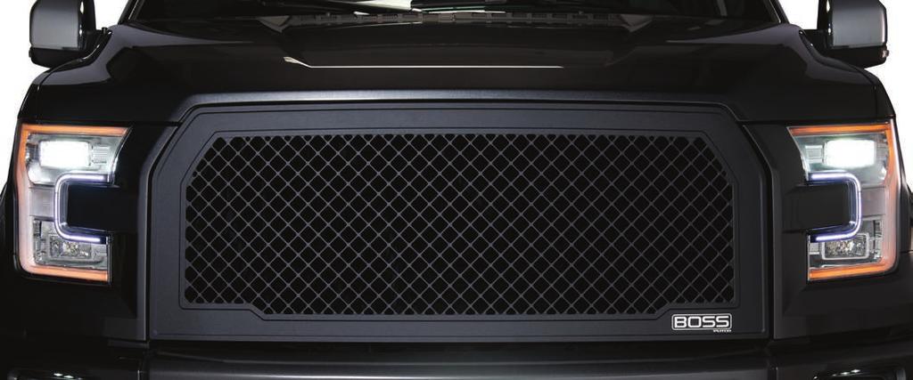 GRILLES BOSS GRILLES LUMINIX BOSS GRILLES F-150 2015+ #270545B F-150 2015+ #270545BL Black powder-coated finish to create the black-out look Cut-to-fit design to give your truck a true makeover Kit