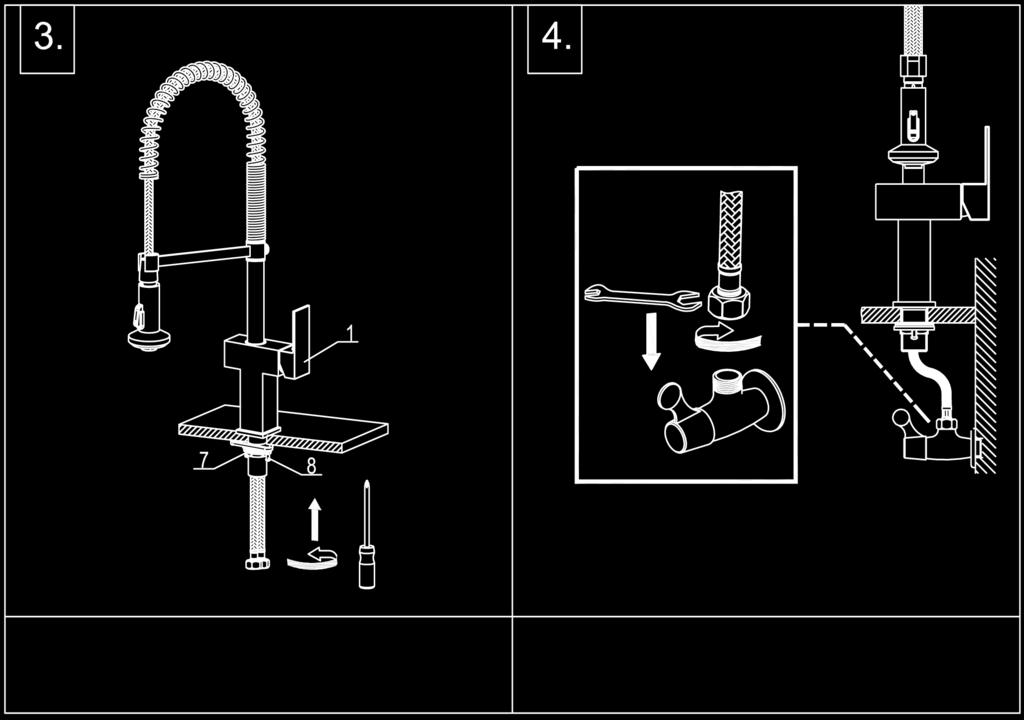 2, insert the faucet through the faucet hole, and then replace the mounting hardware onto the body from underside. Adjust the faucet to the desired position.