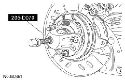 Discard the outer nut. 5. Using the Front Hub Remover, separate the halfshaft from the hub and bearing assembly. 6. Remove the brake hose bracket bolt. 7.