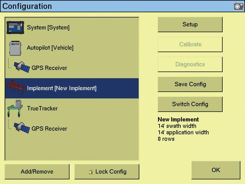 In the Configuration Selection screen, tap Switch to change to another implement or tap Edit to edit the current implment: 4. Define the guidance and implement dimensions.
