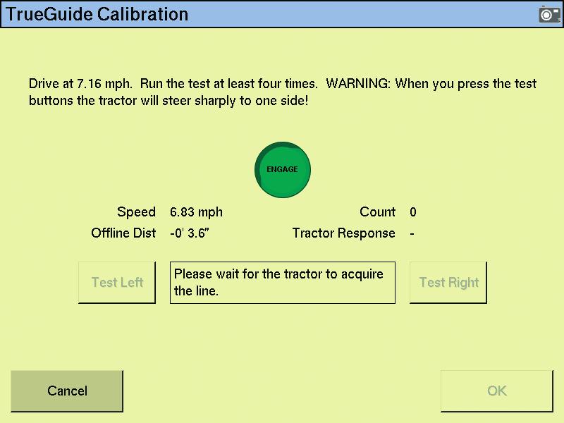 Select the TrueGuide plugin and then tap Calibrate: 2. Configure the default settings for the TrueGuide system, including the fixed axle to hitch distance: 3. The TrueGuide Calibration screen appears.