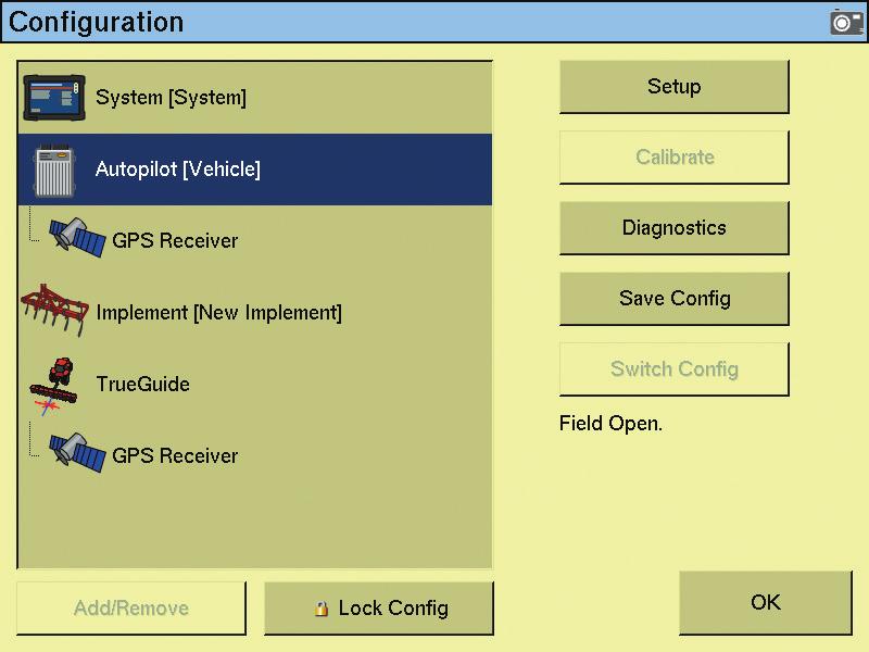 with the AgGPS TrueGuide System Quick Reference Card Diagnostics To verify system performance and clear faults that may occur on the TrueGuide system: 1. Tap the wrench icon. 2.