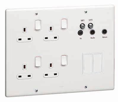 Synergy white TV, telephone and data sockets 7300 40 7300 42 7300 50 7300 43 7300 45 7300 57 8201 42 Front plates : white thermoset Supplied with faceplate screw caps Pack Cat. Nos.