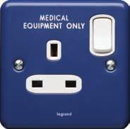 To meet these exacting requirements, Legrand offers a selection of corresponding blue socket outlets with white engraved lettering indicating MEDICAL EQUIPMENT ONLY.