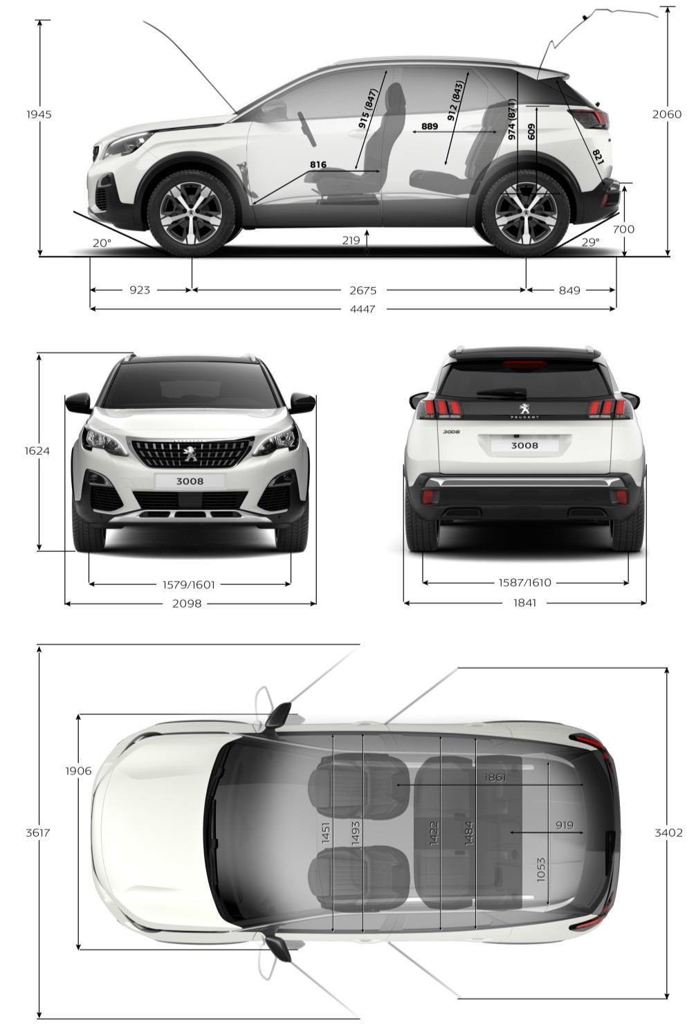 67 EXTERNAL DIMENSIONS FOR PARKING Length with boot open (mm) Width with front / rear doors open (mm) Width with door mirrors open / folded (mm) Height with bonnet open (mm) Height with boot open