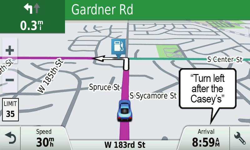 The Up Ahead feature lets you easily see places up ahead and milestones along your route, without leaving the map view.