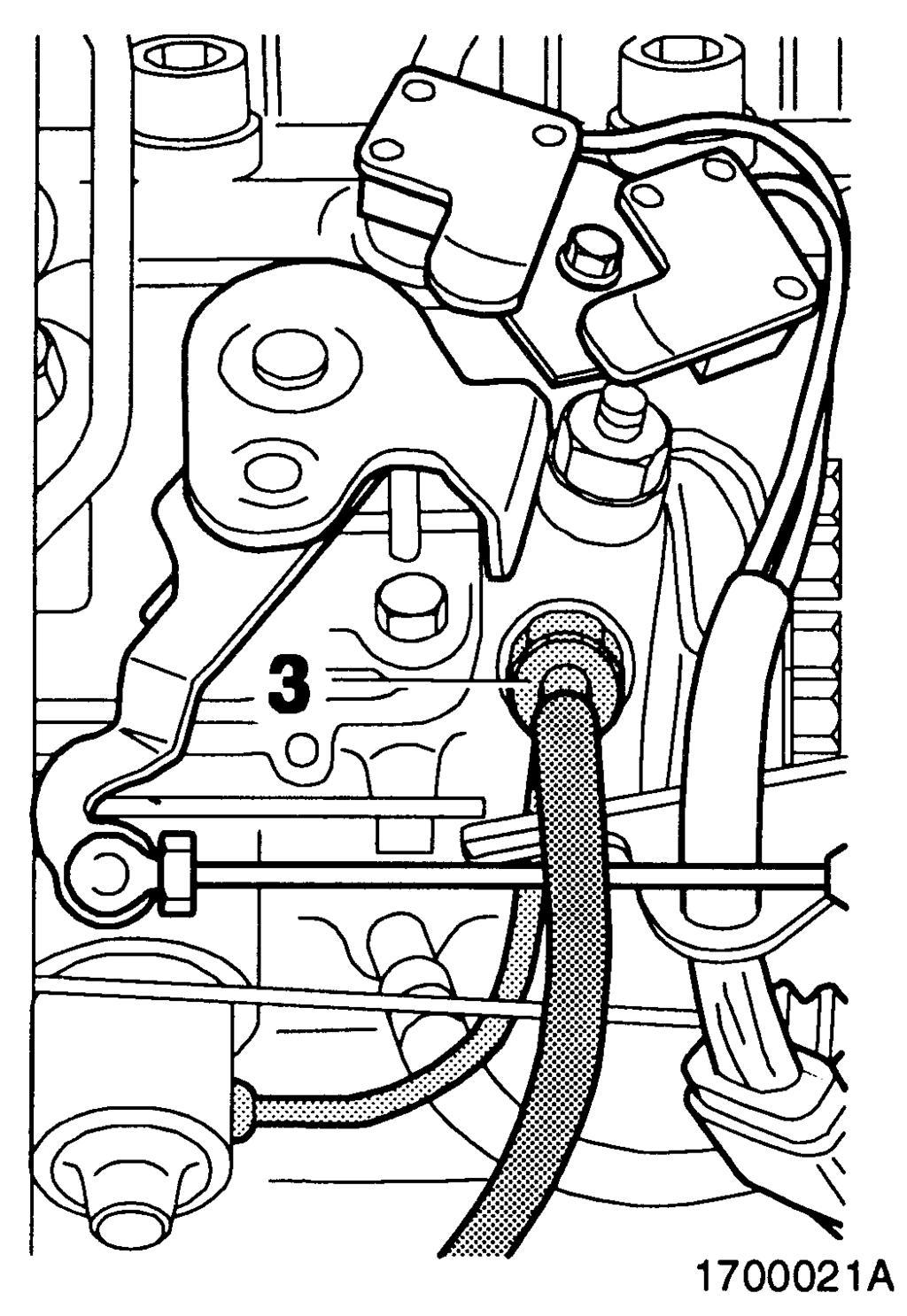 Bleed the fuel system. Place a container under the pump. Connect a hose to the bleeder screw (3) and let it hang down into the container. Open the bleeder screw.