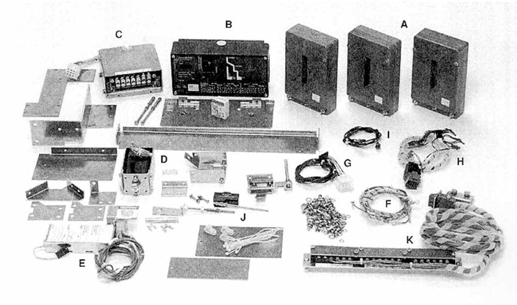 Figure 51. Retrofit Components A. Sensors B. RMS/R Trip Unit Assembly C. Auxilliary CT Module D. Direct Trip Actuator and Hardware E. PT Module (810 & 910 Kits Only) F.