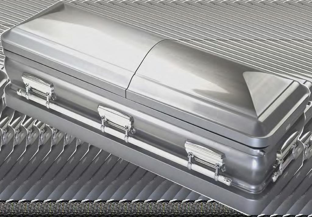 Platinum Royal 18ga Steel casket. Brushed Platinum finish. Pale silver-grey ruched Velvet interior with diamond pleated lid panel.