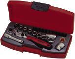 22 Piece /4 Drive Mini Rosso Set 22 piece ¹ ₄ drive socket set containing 6 point sockets, stubby flexible ratchet handle, 2 extension bar, bits holder, 0 bits and hanging hook.