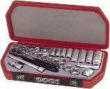 39 piece ³ ₈ drive socket set containing regular and deep metric 6 point sockets, coupler adaptor, ¹ ₂- ³ ₈ adaptor, 3 wobble extension bar and 6 extension, universal joint, 2 spark plug sockets 6