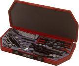 67 Piece 3/8 Drive Socket and Tool Set 67 piece ³ ₈ tool set containing regular 6 point metric sockets, fibre reinforced ratchet handle, universal joint, 3 and 6 extension bars, coupler adaptor, ¹ ₂-