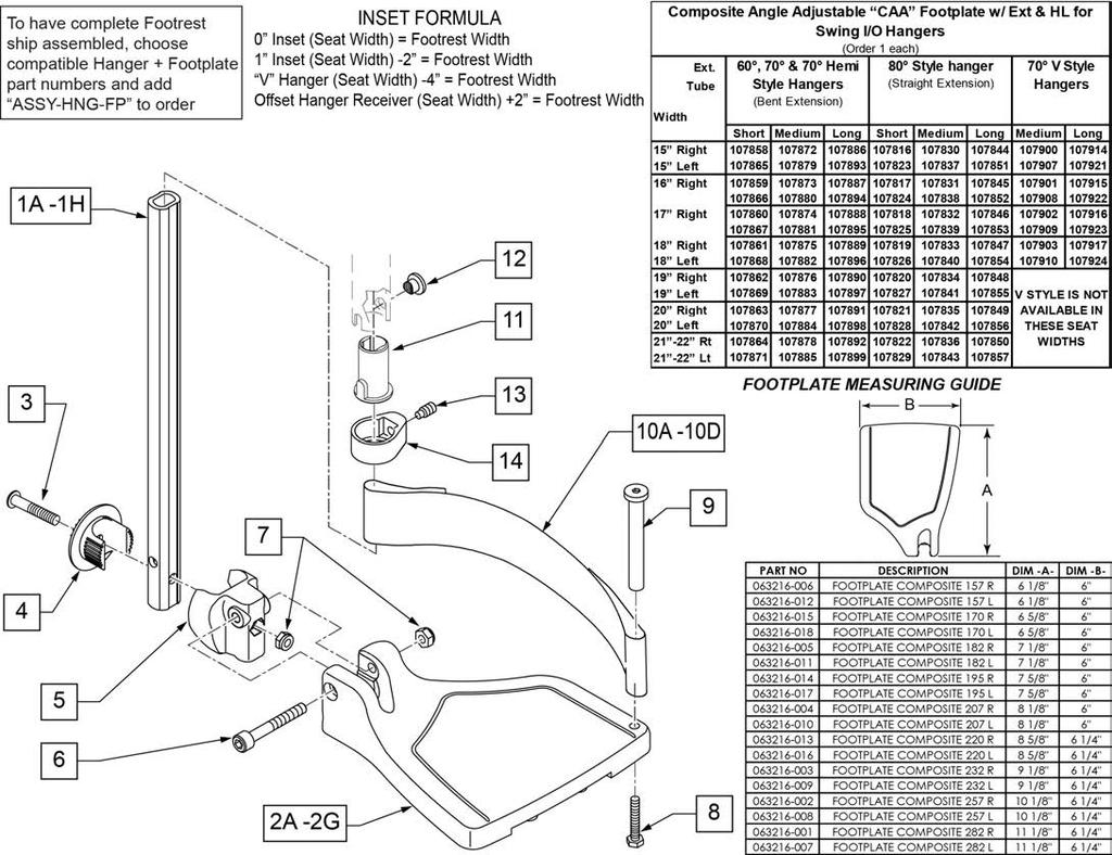 COMPOSITE ANGLE ADJUSTABLE FOOTPLATE [06/2014] NOTE: FOOTPLATE ASSEMBLIES ARE SET TO FOOTREST WIDTH. PLEASE SEE "FOOTPLATE FORMULA" TABLE FOR SEAT WIDTH CONVERSION. Pos.