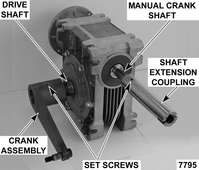 Loosen set screw on crank assembly and remove the assembly from drive shaft. 7. Loosen set screw on shaft extension coupling and remove the coupling from manual crank shaft. 5.