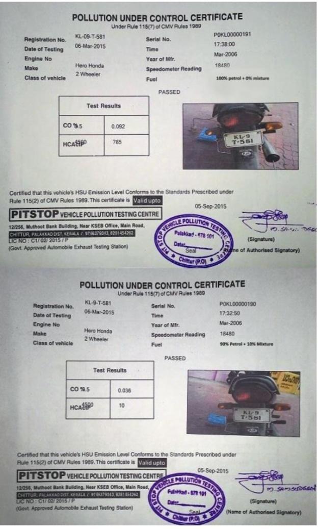 CO, CO 2, O 2 and HC emission test results Fig. 8 Pollution test certificate of P100 & P90 Fig.